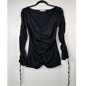 Anne Fontaine Sz 40/US 8 Black Dark Goth Punk Ruched V-Neck Long Sleeve Top